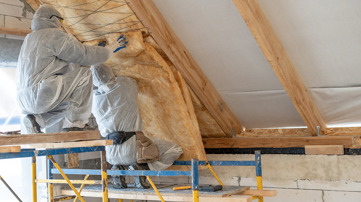 Professional worker in overalls working with rockwool insulation