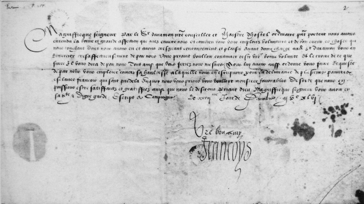 Lettre de François 1er remise au Drogman Janus Bey le 28 décember 1546 et délivbrée par Gabriel de Luetz d'Aramon