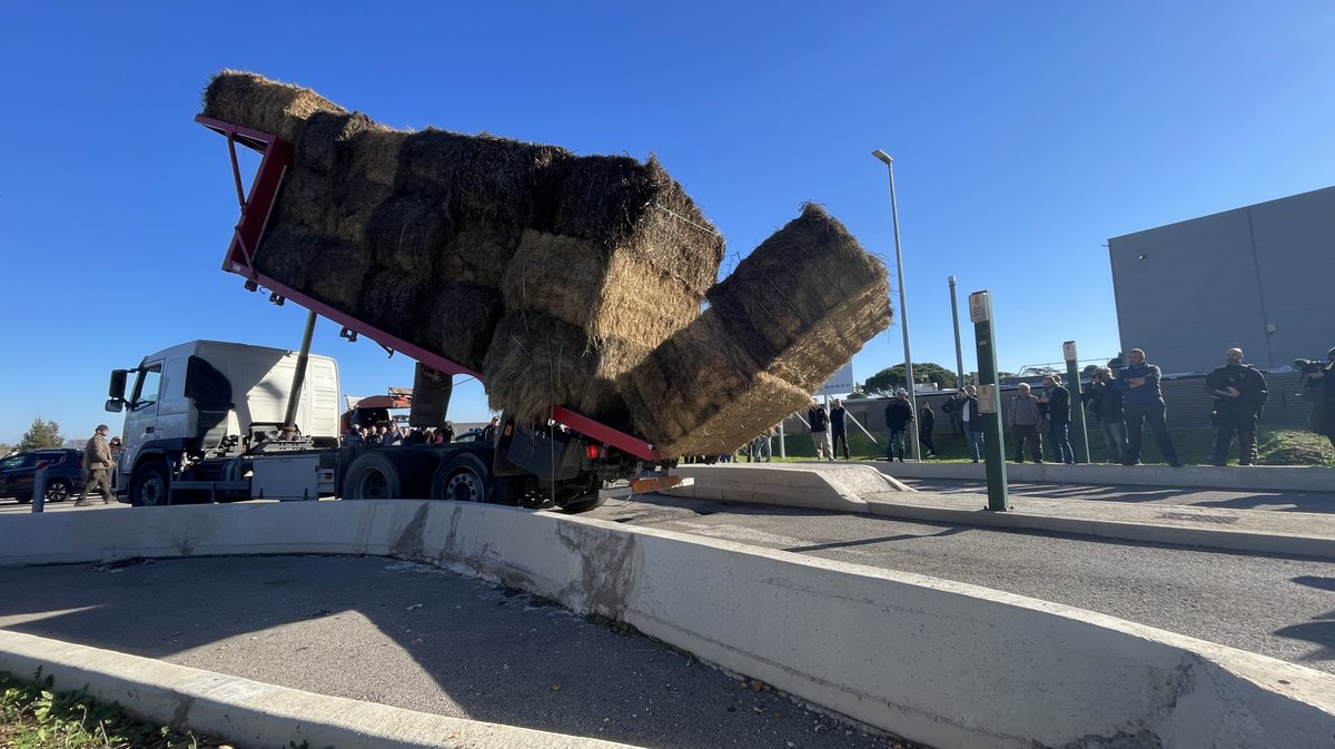 Manif agriculteurs Nîmes ASP MSA Crédit agricole plateforme logistique Grand Frais Mitra (Photo Anthony Maurin)