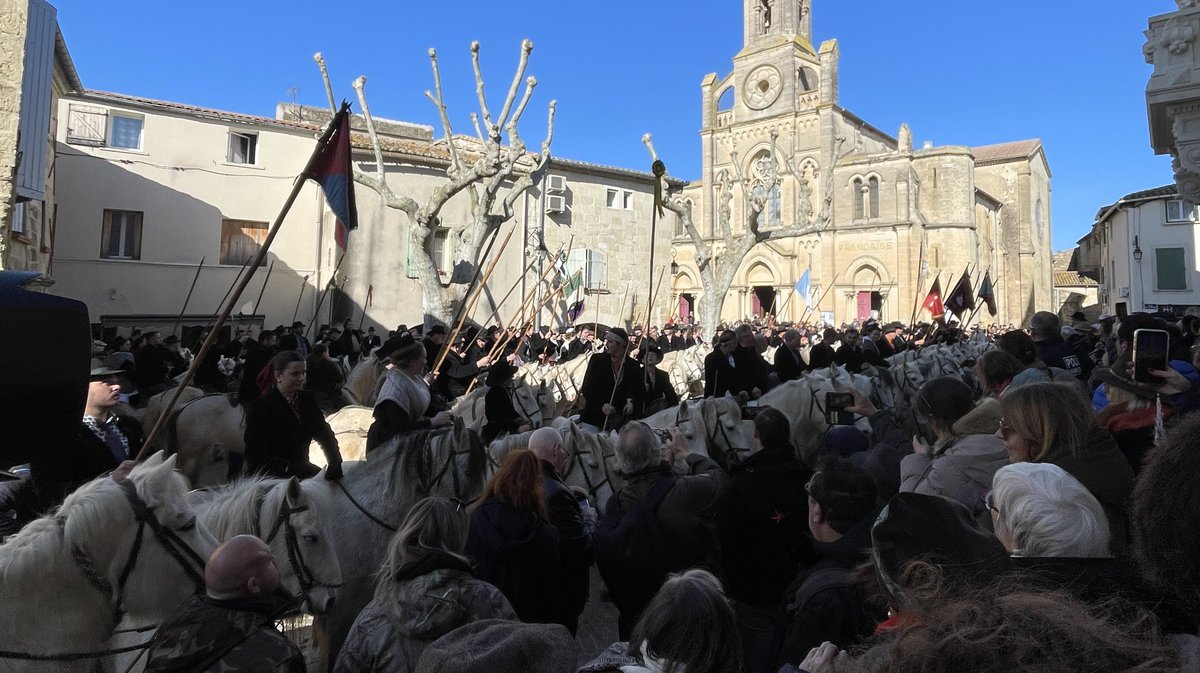 La bénédiction des chevaux lors du 36e hommage à Fanfonne Guillierme devant l'Eglise Saint Saturnin d'Aimargues