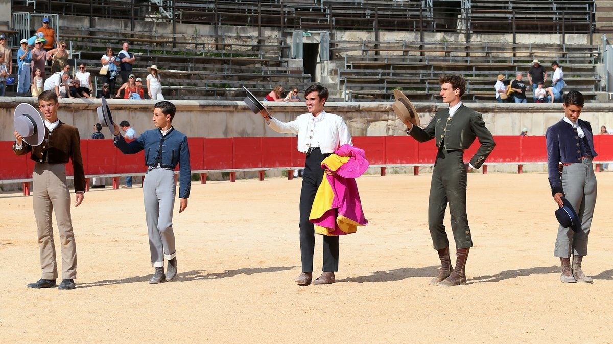Printemps de l'Aficion Nîmes 2025 Becerrada de Jalabert pour Andy Martin, Baptiste Angosto, Léo Pallatier, Mathis Meseguer, Rémy Asensio (Photo Anthony Maurin)