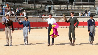 Printemps de l'Aficion Nîmes 2025 Becerrada de Jalabert pour Andy Martin, Baptiste Angosto, Léo Pallatier, Mathis Meseguer, Rémy Asensio (Photo Anthony Maurin)