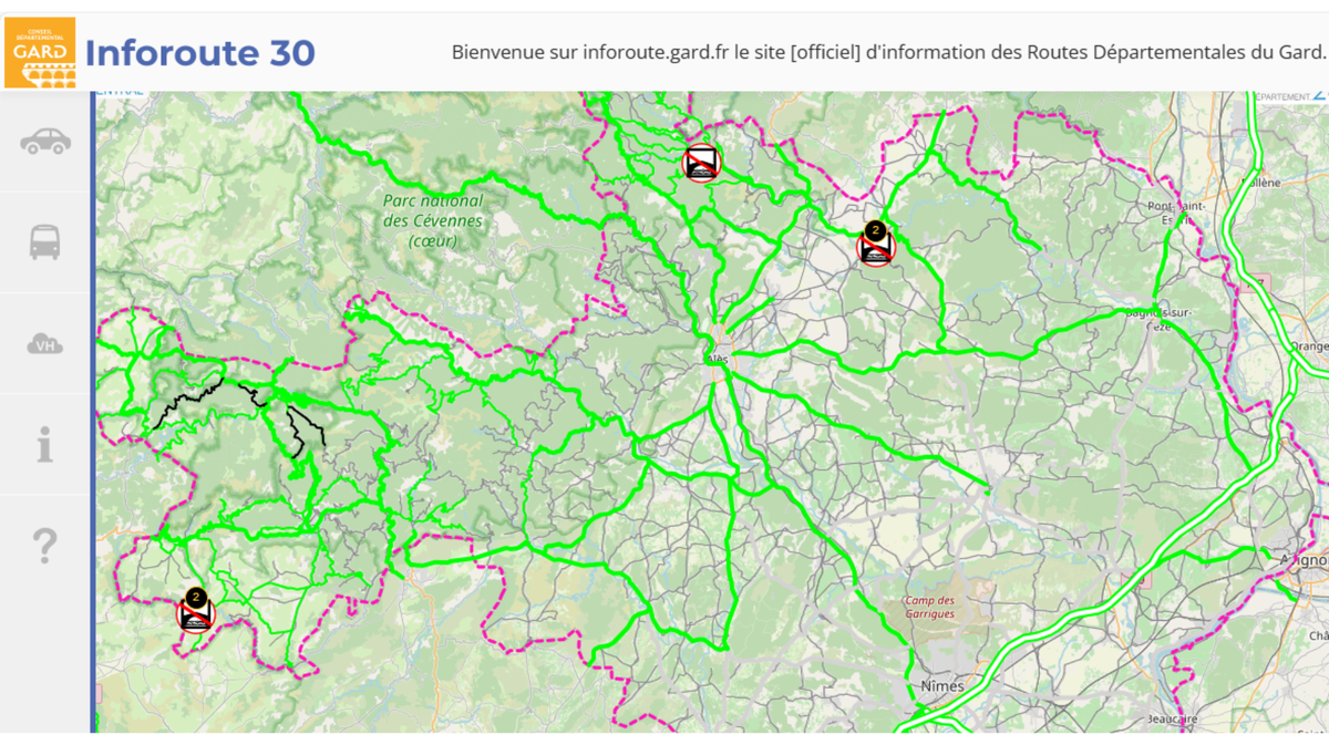 État des routes départementales gardoises, ce vendredi 19 décembre 2025 à 16h15