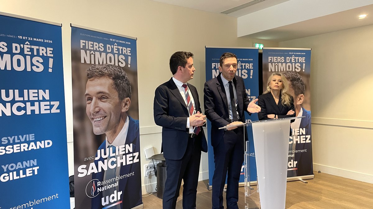 Julien Sanchez, Sylvie Josserand et Yoann Gillet lanceent la liste "Fiers d'être Nîmois" pour le Rassemblement National aux municipales de 2026 à Nîmes (Photo Anthony Maurin)