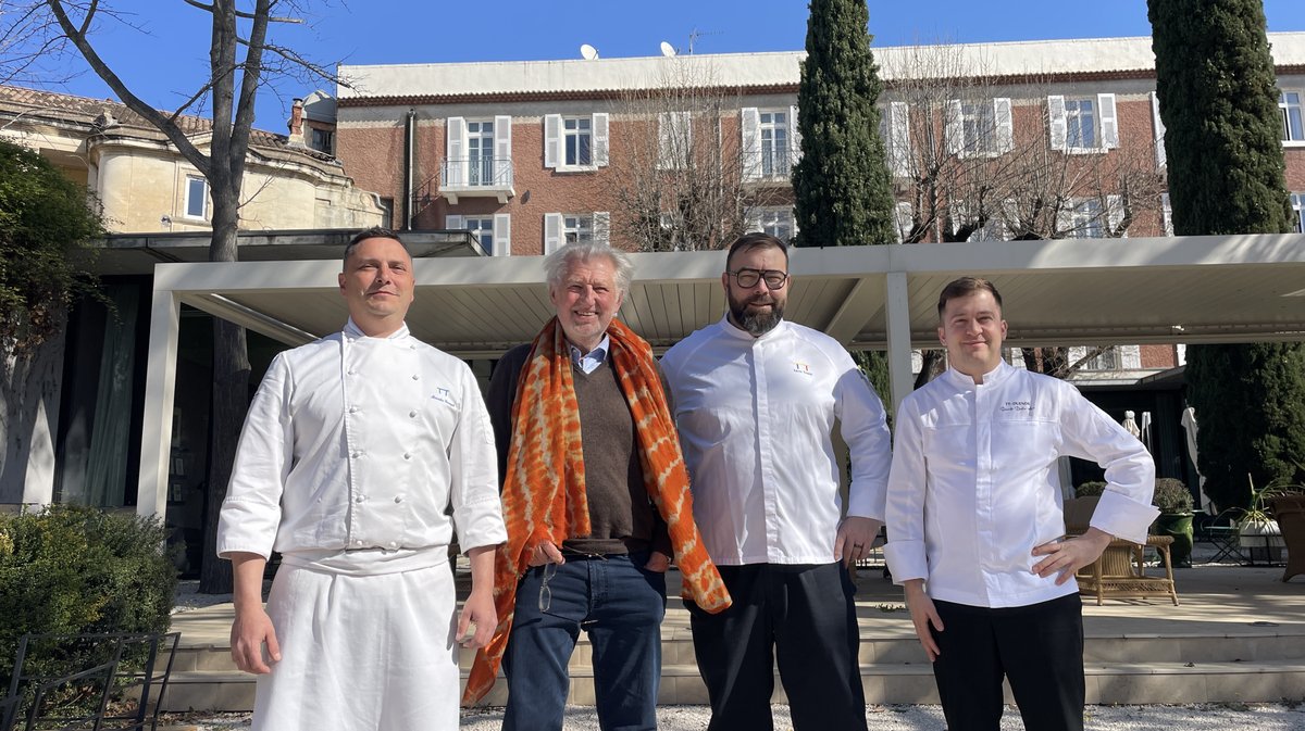 Alexandre Brusquet (chef pâtissier), Pierre Gagnaire, Kévin Kowal et Davide Dalle (Photo Anthony Maurin)