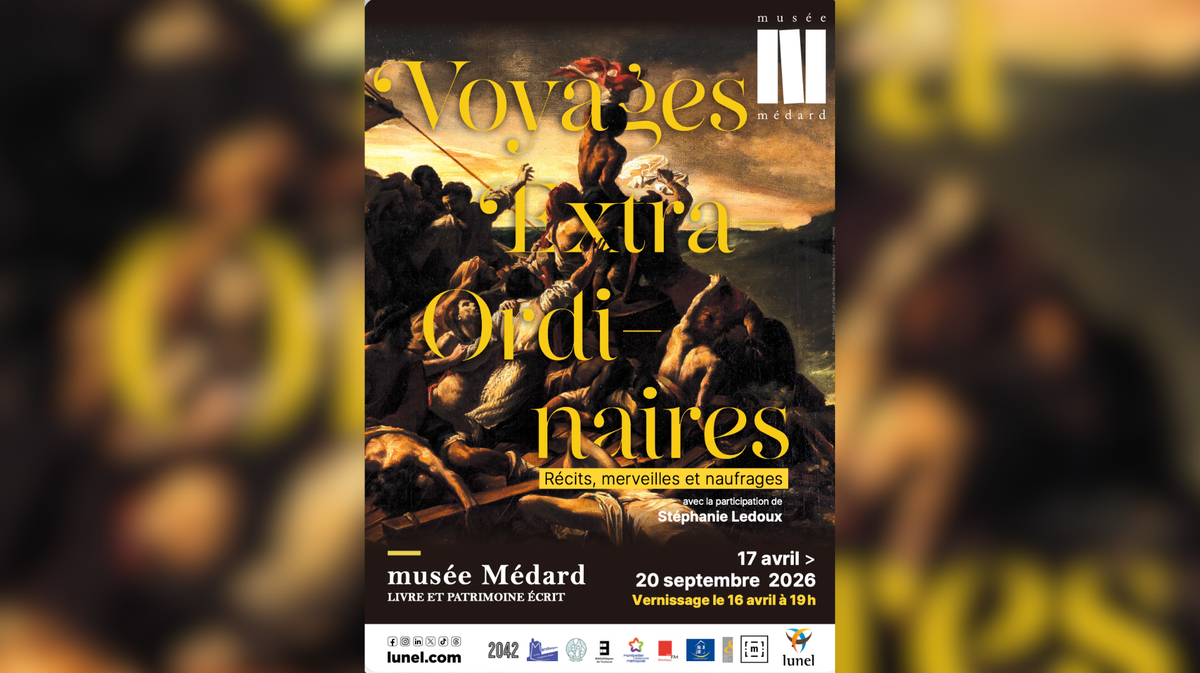 Affiche de l'exposition "Voyages extraordinaires ; récits, merveilles et naufrages" Lunel