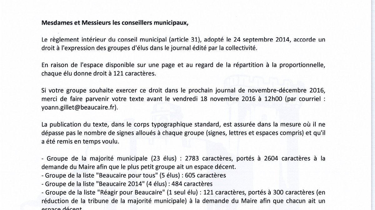 Courrier envoyé en novembre 2016 aux élus du conseil municipal de Beaucaire