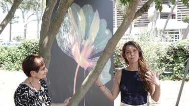 Sylvia Breton, directrice du centre hospitalier d'Arles, et Aurélie de Lanlay, directrice adjointe du festival, inaugurent l'exposition du parvis de l'hôpital.